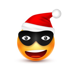 Smiley,emoticon. Yellow emoji, face with emotions and Christmas hat. New Year, Santa.Winter. Sad,happy,angry faces.Funny cartoon character.Mood. Vector.