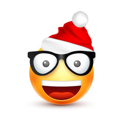 Smiley,emoticon. Yellow emoji, face with emotions and Christmas hat. New Year, Santa.Winter. Sad,happy,angry faces.Funny cartoon character.Mood. Vector.