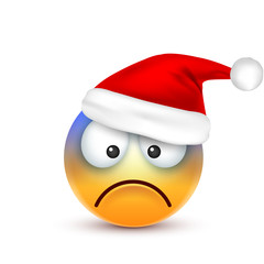 Smiley,emoticon. Yellow emoji, face with emotions and Christmas hat. New Year, Santa.Winter. Sad,happy,angry faces.Funny cartoon character.Mood. Vector.