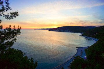 The evening sunset over the sea from a height.