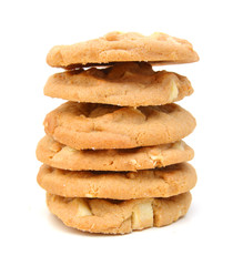 Small stack of macadamia nut and white chocolate cookies. 