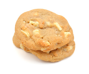 Small stack of macadamia nut and white chocolate cookies. 