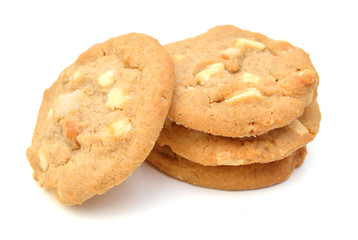 Small stack of macadamia nut and white chocolate cookies. 