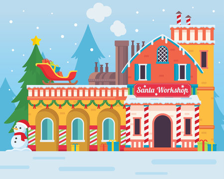 Cute Santa's Workshop Building Illustration, Suitable For Merry Christmas Card Illustration, Banner, And Other Christmas Related Celebration