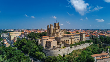 Fototapeta na wymiar Aerial top view of Beziers town architecture and cathedral from above, South France 