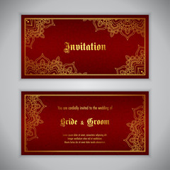 Luxury wedding invitation with golden ornament. Vector illustration