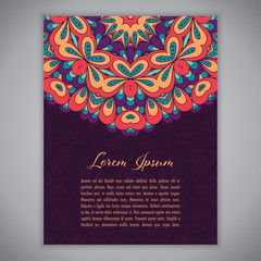 Greeting card, invitation or flyer template with ethnic mandala ornament. Hand drawn vector illustration