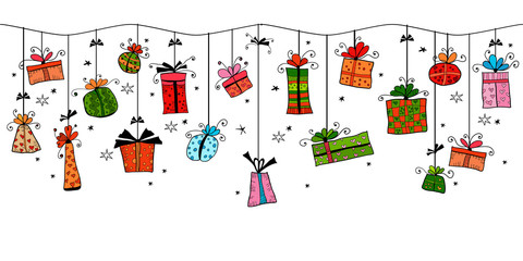 Christmas greeting card with hanging gift boxes