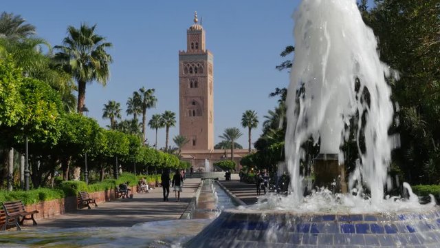 Fountain in front of Mosque of koutoubia in the city of Marrakesh Morocco &ndash; 4K