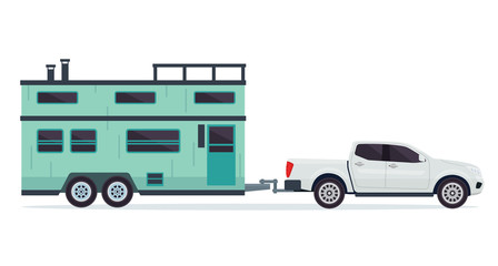 Fototapeta premium Modern Small Tiny House Building With Pick Up Truck Illustration
