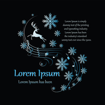 Fototapeta Winter. Running deer on a black background. Poster, a postcard  with a deer, notes, snowflakes and a place for text. Design for the musical program of the New Year, Christmas concert.