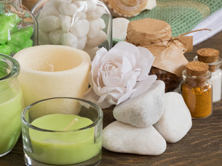 set ingredients and spice for aromatherapy and body care on wooden surface. SPA still life