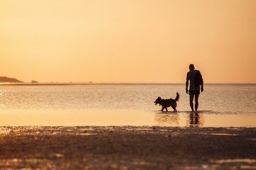 Man with a dog in the sea