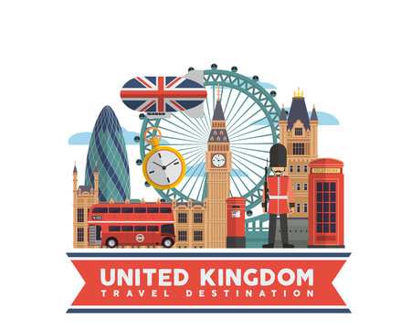 United Kingdom Famous Tourist Destination Banner Illustration