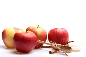 Composition of apples and rustic cutlery. Apples and spoons