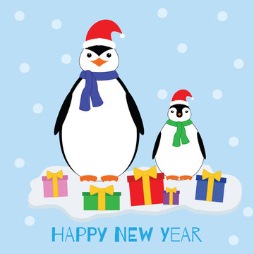 Happy new year. Penguins in Christmas hats and gifts on the ice