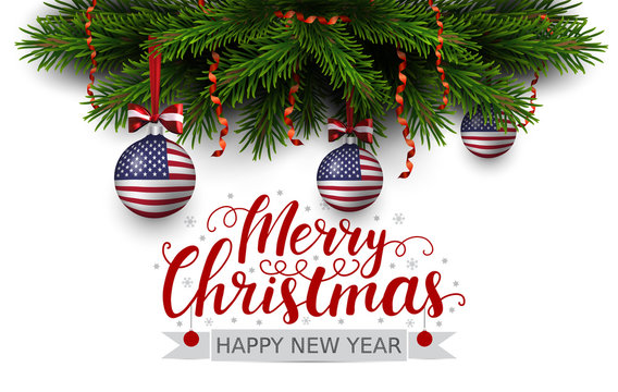 Vector border of Christmas tree branches with red ribbon and balls with american flag. Merry christmas and happy new year