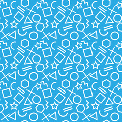 Stylish seamless pattern of simple white geometric shapes on blue background. Modern abstract vector background.