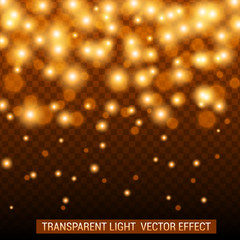 Transparent light vector effect. Bright, glowing, shiny festive decoration. Golden color.