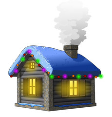 Santa's house with garlands. Forest hut hunters, a small simple house.
