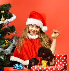 Girl in xmas hat plays with puppies holding golden ball.