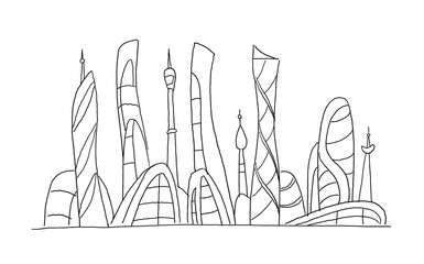 Invented city fantastic incredible and utopian skyscraper sketch high-rise buildings. Hand drawn vector stock illustration. Future architecture landscape. Extraterrestrial civilization