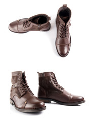 Male brown leather boot on white background, isolated product, comfortable footwear.