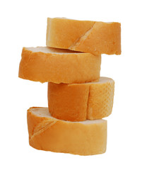 a loaf of fresh bread, cut into thin slices, on a white background, isolated
