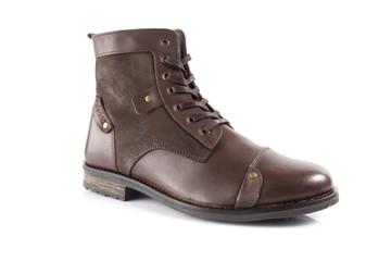 Male brown leather boot on white background, isolated product, comfortable footwear.