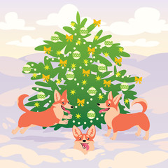 Obraz na płótnie Canvas Funny corgi dogs playing on snow near decorated Christmas tree. Vector. Symbol of 2018. Happy New year. Merry Xmas.
