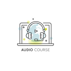 Vector Icon Style Illustration of Online Course, Webinar, Tutorial or Podcast with Headphones and Play Button on Laptop Screen with Globe