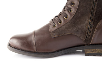 Male brown leather boot on white background, isolated product, comfortable footwear.