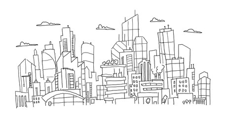 Big city panorama future sketch. Hand drawn vector stock line illustration. Building architecture landscape.