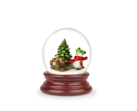 Christmas snow globe isolated on white. Can be used as a Christmas or a New Year gift or symbol. Snowman with gifts.