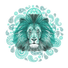 Watercolor drawing of an animal mammal predator, turquoise lion, turquoise mane, lion-king of beasts, portrait of majesty, strength, kingdom, india, Indian patterns, with elements of turkish cucumber 