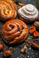 Sweet Swedish pastries with dry cherries. Dates, nuts, raisins and dried apricots.