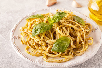 Pasta with homemade pesto sauce.