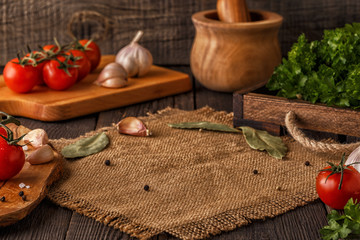 Vegetables, herbs, spices background. Selective focus.