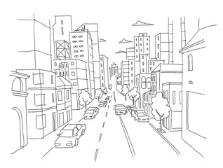 Naklejka premium City street linear perspective sketch road view. Cars end buildings. Hand drawn vector stock line illustration.