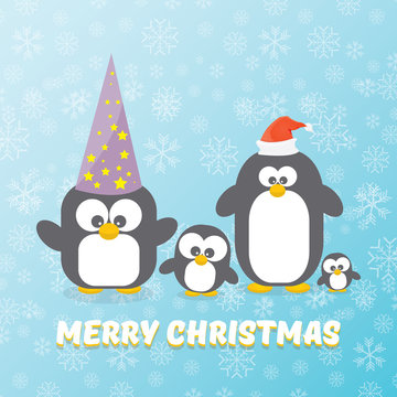 vector merry christmas card with penguins set on blue background with falling snowflakes. cartoon funny penguins
