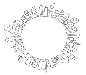 City panorama drawing in circle round. Place for text. Hand drawn sketch vector stock line illustration. Building architecture landscape.