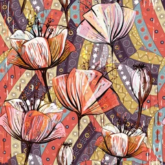 Gordijnen Hand drawn decorative tulips, seamless vector pattern © sunny_lion
