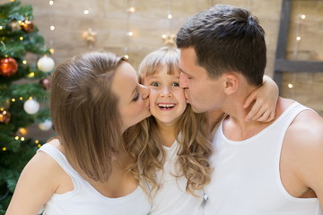 Fototapeta premium Dad, mom, daughter, white t-shirt, close up