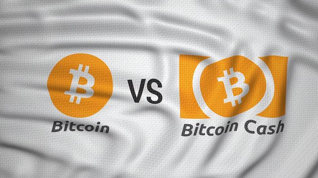 bitcoin vs bitcoin cash, crypto currency hard fork clash concept flag animated