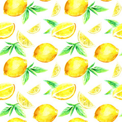 Seamless pattern of a lemon.Fruit picture.Watercolor hand drawn illustration.White background.