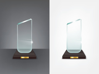 Realistic glass trophy, sport and business award, prize to the winner of the competition, winning cup, vector isolated illustration, front view