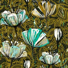 Fotobehang Hand drawn decorative tulips, seamless vector pattern. Colorful floral wallpaper © sunny_lion