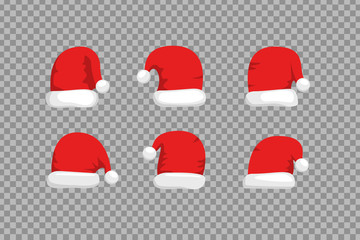 Vector set of cartoon isolated Santa Claus hat for decoration and covering on the transparent background. Concept of Merry Christmas and Happy New Year.