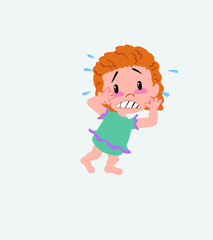 White girl in a swimsuit very alarmed takes the hands to the head.