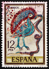 Postage stamp Spain 1975 bird holding snake, scene from Apocalypse